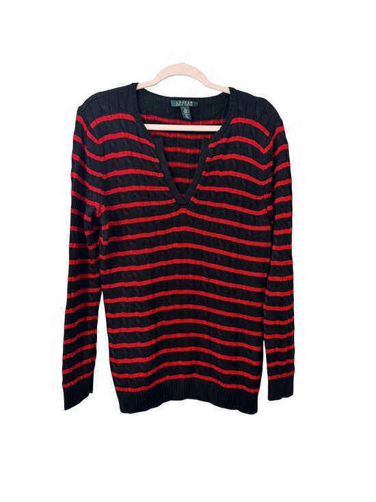 Lauren Ralph Lauren Sweaters - Lauren Ralph Lauren Black & Red Striped V-Neck Sweater XL Cotton Viscose Blend